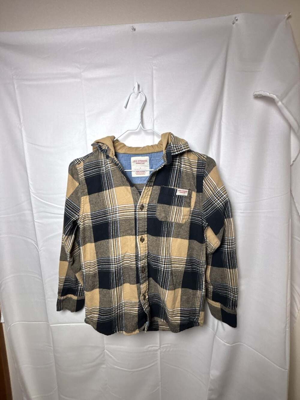 Levi Strauss Signature Boys' Hooded Plaid Flannel Shirt Tan Black Size 8